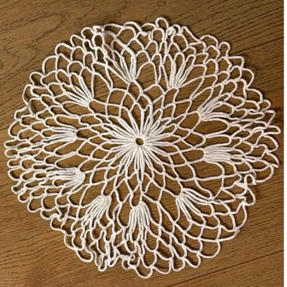 Vintage Handmade Hand-Knotted Off White Round Crocheted Lace Doilies Set of 2